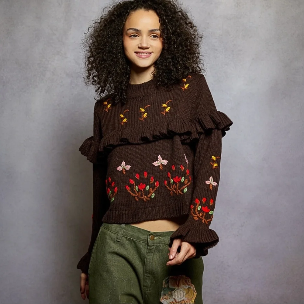 NWT POL Brown Floral Ruffle Sweater